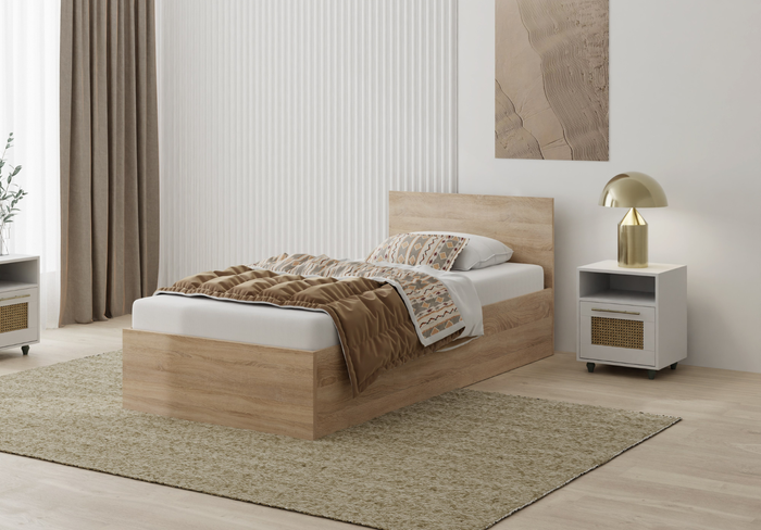 Łóżko pojedyncze, drewniane dąb sonoma z materacem ATENA 90x200cm