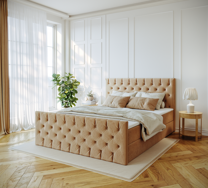 Venus łóżko tapicerowane 160x200 cm z pikowanym zagłowiem, materacem bonell  i dwoma pojemnikami 