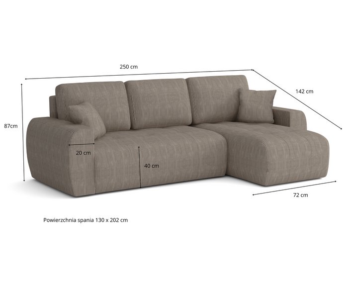 Narożnik prawostronny z funkcją spania L MOET mini 250x142 cm