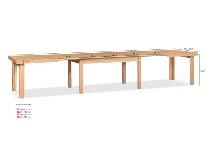 Stół Roman duży, prostokątny, rozkładany 90 cm x 260 - 560 cm T52
