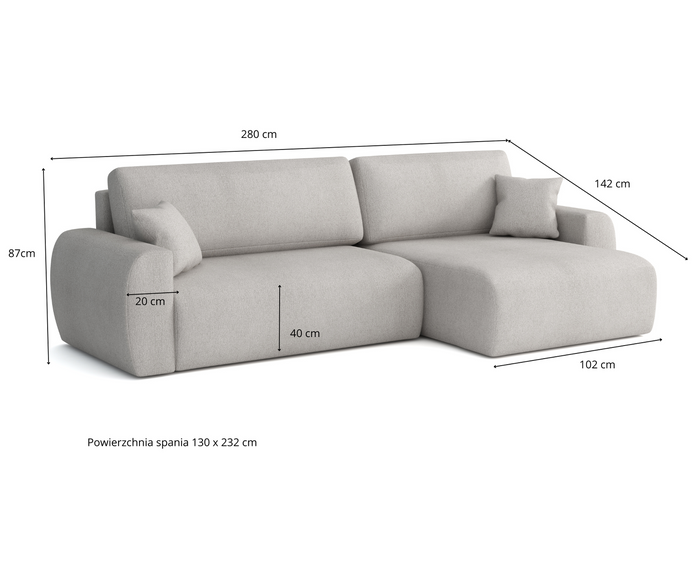 Narożnik lewostronny z funkcją spania DORATO L 250x142 cm