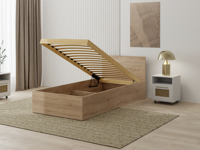 Łóżko pojedyncze, drewniane dąb sonoma z materacem ATENA 90x200cm