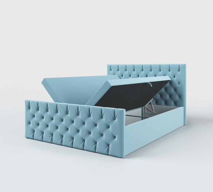 Venus łóżko tapicerowane 200x200 cm z pikowanym zagłowiem, materacem bonell  i dwoma pojemnikami 