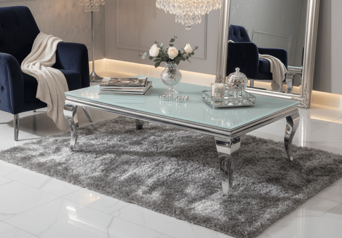 Stolik kawowy glamour – bialy blat, chromowana podstawa 130x70x45 cm