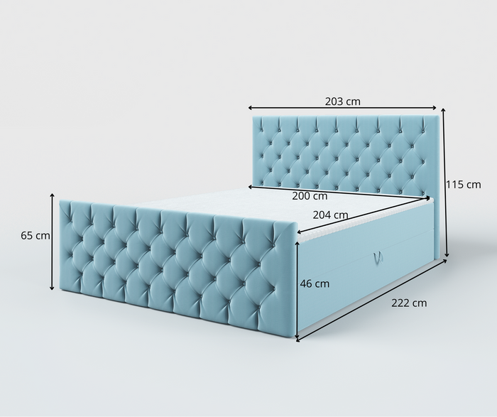 Venus łóżko tapicerowane 200x200 cm z pikowanym zagłowiem, materacem bonell i dwoma pojemnikami