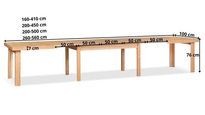 Stół duży, prostokątny, rozkładany 90 cm x 160-410 cm T52