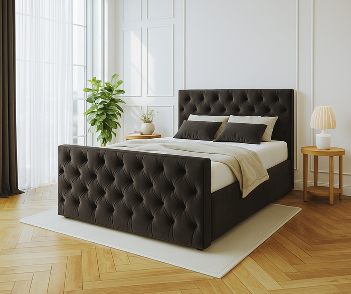 Venus łóżko tapicerowane 120x200 cm z pikowanym zagłowiem, materacem bonell  i dwoma pojemnikami 