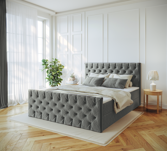 Venus łóżko tapicerowane 140x200 cm z pikowanym zagłowiem, materacem bonell  i dwoma pojemnikami 